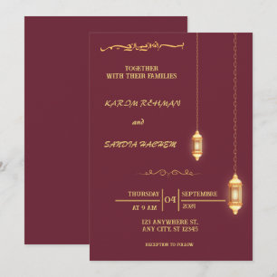 Invitation Plum à cadre floral et or Mariage musulman islamiq