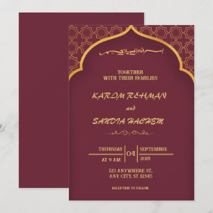 Invitation Plum à cadre floral et or Mariage musulman islamiq
