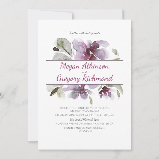 Invitation Plum Aquarelle Fleurs Romantique Jardin Mariage (Devant)