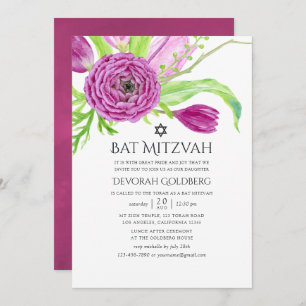 Invitation Plum Aquarelle Floral Bat mitzvah