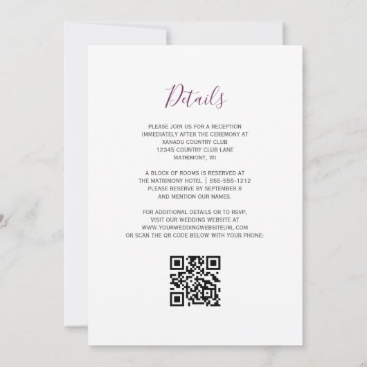 Invitation Plum Aquarelle Floral Marine bleu QR Code Mariage (Dos)