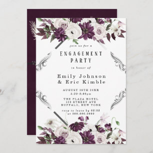 Invitation Plum Argent Géométrique Floral Engagement
