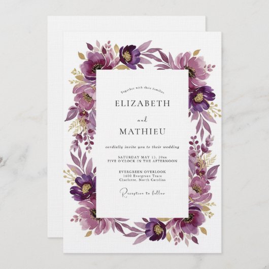 Invitation Plum Artistic Blossom Wedding (Devant / Derrière)