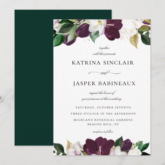Invitation Plum blanc ivoire violet Mariage floral (Devant / Derrière)