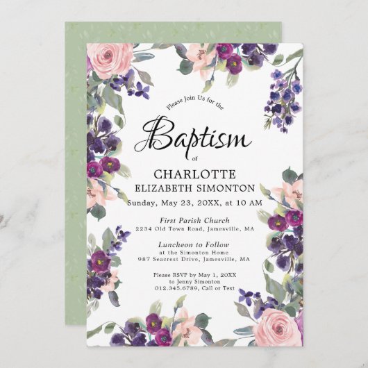 Invitation Plum Blush Purple Floral Baptême (Devant / Derrière)