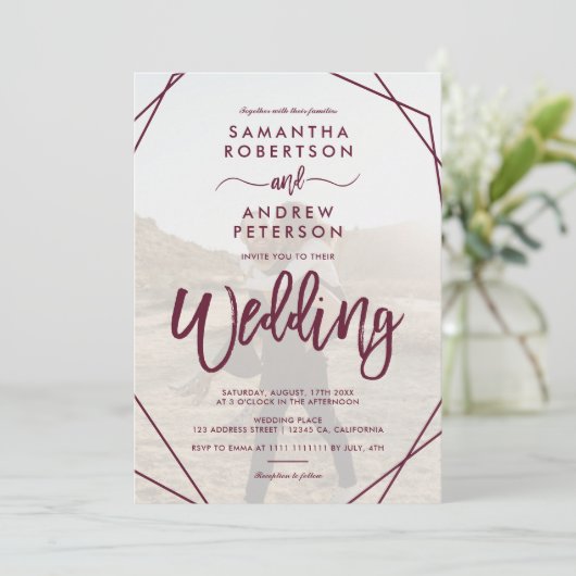 Invitation Plum boho frame simple script photo mariage (Debout devant)