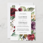 Invitation Plum bordeaux romantique et Mariage floral vert (Devant)