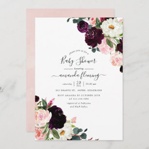 Invitation Plum Bourgogne et Baby shower rose