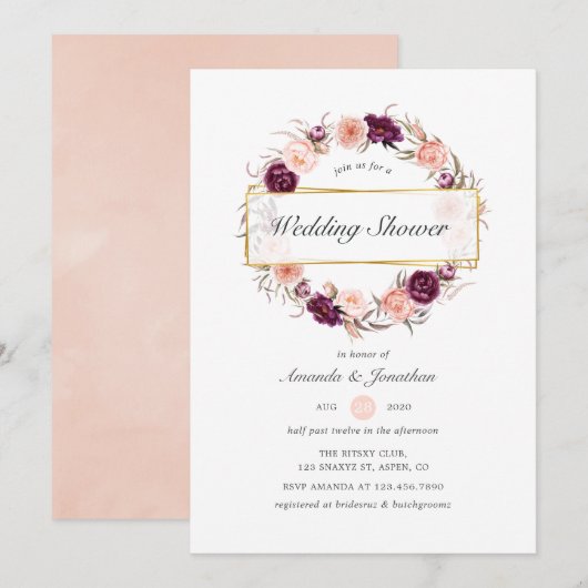 Invitation Plum Bourgogne et Wedding shower géométrique Blush (Devant / Derrière)