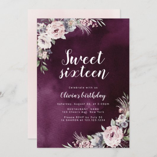 Invitation Plum & chou rose poussiéreux boho floral doux 16 a (Devant / Derrière)