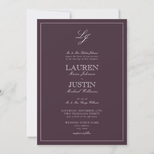 Invitation Plum classique violet calligraphie Monogramme Mari (Devant)