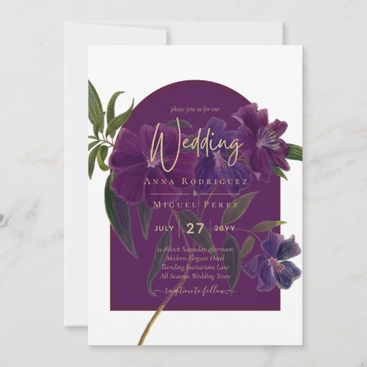 Invitation Plum d'aubergine Purple Floral Forêt Mariage vert (Devant)