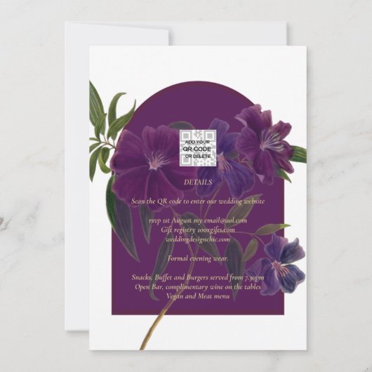 Invitation Plum d'aubergine Purple Floral Forêt Mariage vert (Dos)