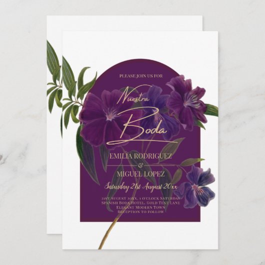 Invitation Plum d'aubergine Purple Floral Forêt Mariage vert (Devant / Derrière)
