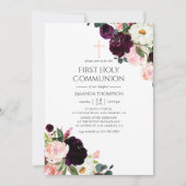 Invitation Plum de Bourgogne et communion florale rose rousse (Devant)