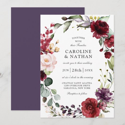 Invitation Plum de Bourgogne romantique et Mariage floral flo (Devant / Derrière)