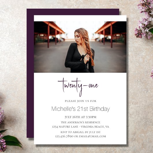 Invitation Plum Design moderne Photo 21e anniversaire