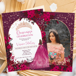Invitation Plum d'or rose tiara princesse Quinceanera