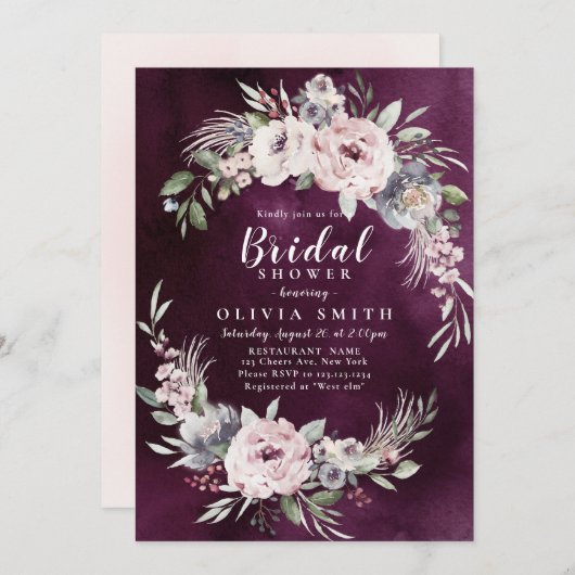 Invitation Plum et boho rose pâle douche à nuptiale florale (Devant / Derrière)