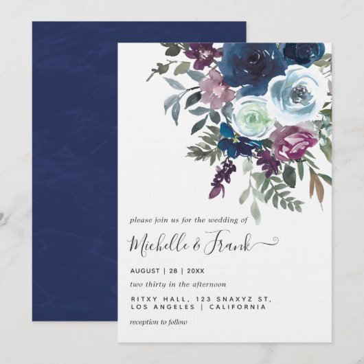 Invitation Plum et Mariage floral de marine (Devant / Derrière)