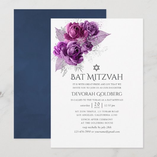 Invitation Plum et marine Aquarelle Bat mitzvah floral (Devant / Derrière)