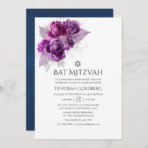 Invitation Plum et marine Aquarelle Bat mitzvah floral