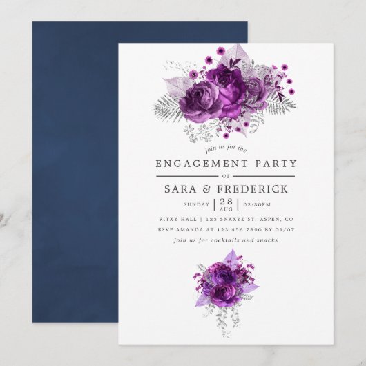 Invitation Plum et marine Aquarelle Florale (Devant / Derrière)