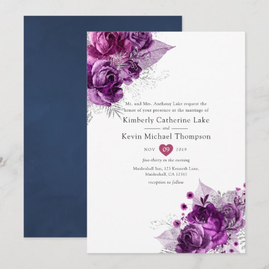 Invitation Plum et marine Aquarelle Mariage floral (Devant / Derrière)