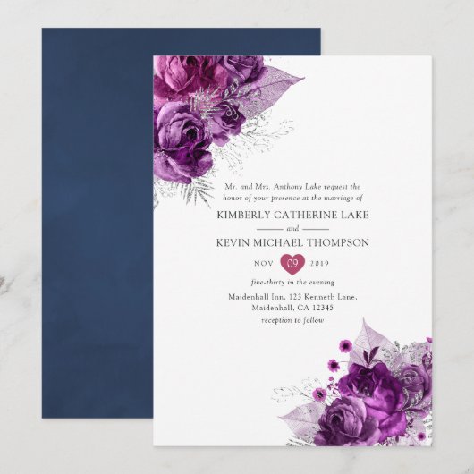 Invitation Plum et marine Aquarelle Mariage floral (Devant / Derrière)
