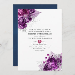 Invitation Plum et marine Aquarelle Mariage floral