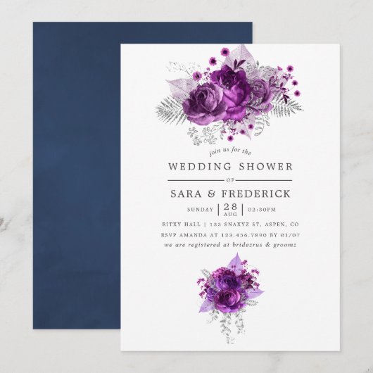 Invitation Plum et marine Aquarelle Wedding shower floral (Devant / Derrière)