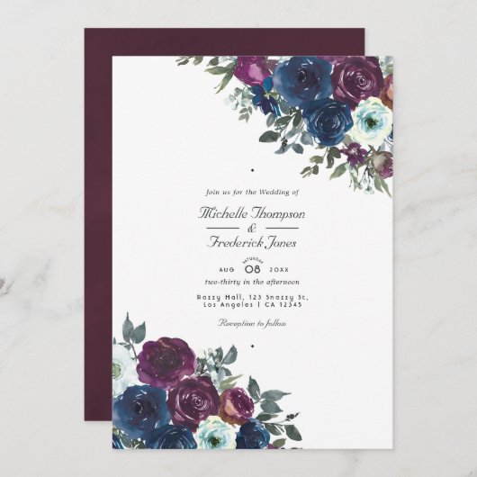 Invitation Plum et marine Floral QR Code RSVP Mariage (Devant / Derrière)