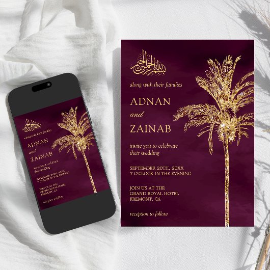 Invitation Plum et or Parties scintillant Date Palm Musulman 