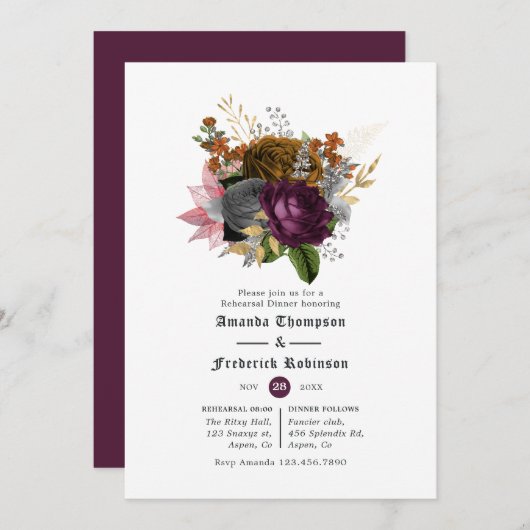 Invitation Plum et orange brûlé Dîner de répétition d'Hallowe (Devant / Derrière)