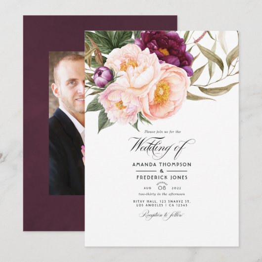 Invitation Plum et Pêche Mariage floral photo (Devant / Derrière)