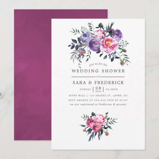 Invitation Plum et rose Aquarelle Wedding shower Floral (Devant / Derrière)