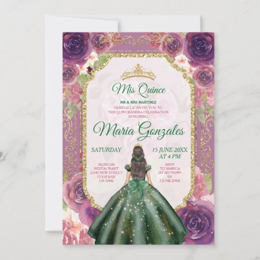 Invitation Plum Floral Girl Charra Mis Quince Emerald Green (Devant)
