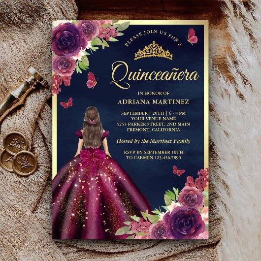 Invitation Plum Floral Papillon Marine Blue Gold Quinceanera