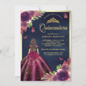 Invitation Plum Floral Papillon Marine Blue Gold Quinceanera (Devant)