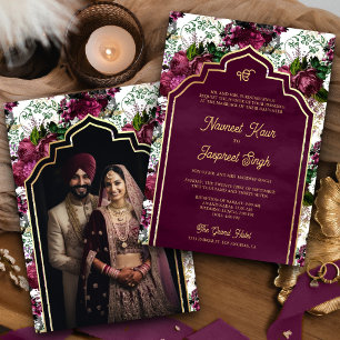 Invitation Plum Floral Photo Anand Karaj Sikh Mariage