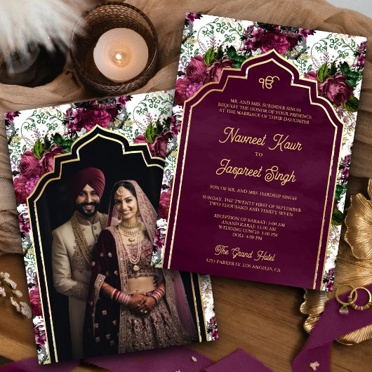 Invitation Plum Floral Photo Anand Karaj Sikh Mariage
