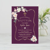 Invitation Plum foncé Blush Fleurs blanches Gold Girl Baptême (Debout devant)