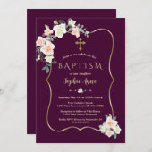 Invitation Plum foncé Blush Fleurs blanches Gold Girl Baptême (Devant / Derrière)