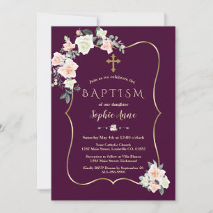 Invitation Plum foncé Blush Fleurs blanches Gold Girl Baptême