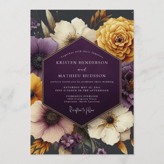 Invitation Plum & Gold Moody Floral Wedding (Devant)