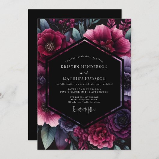 Invitation Plum Gothic Floral Wedding (Devant / Derrière)