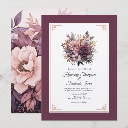Invitation Plum, Grey, cuivre et Dusty Rose Mariage floral (Devant / Derrière)