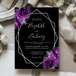 Invitation Plum mauve Argent Floral Noir Mariage<br><div class="desc">Cet élégant faire-part de mariage moderne présente un cadre géométrique argenté décoré de bouquets de prune et d'argent à fleurs sur un arrière - plan noir. Le texte personnalisable combine écriture fantaisie gris argenté,  cuivre et polices italiques. L'envers est noir solide.</div>