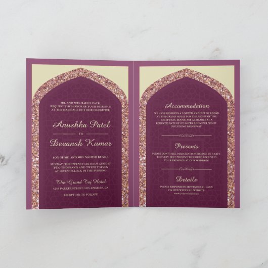 Invitation Plum Mauve Rose Or tout en un Mariage indien (Intérieur)