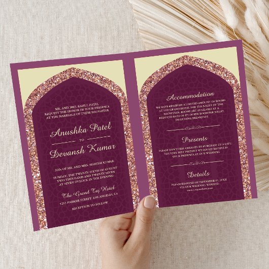 Invitation Plum Mauve Rose Or tout en un Mariage indien